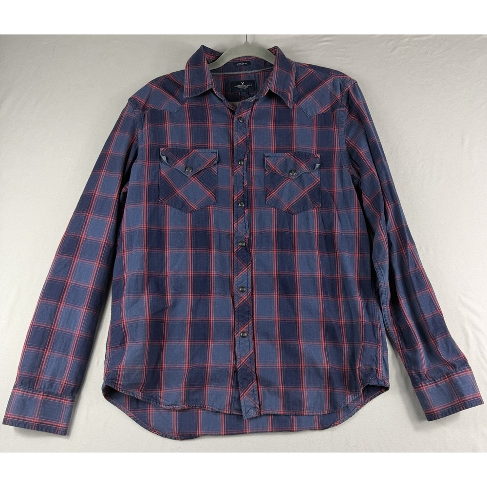 American Eagle vintage fit blue red plaid ls button up shirt, men's medium